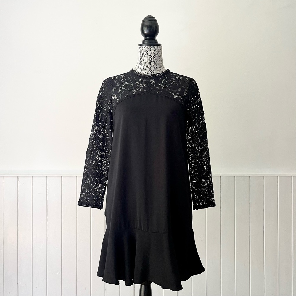 Zara Black Long Sleeve Lace Keyhole Back Mini Dress Size XS